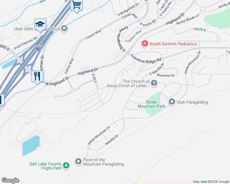map of restaurants, bars, coffee shops, grocery stores, and more near 14875 Ox Cart Lane in Draper