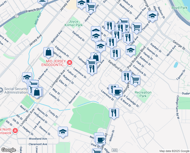 map of restaurants, bars, coffee shops, grocery stores, and more near 117 Lawrence Street in New Brunswick