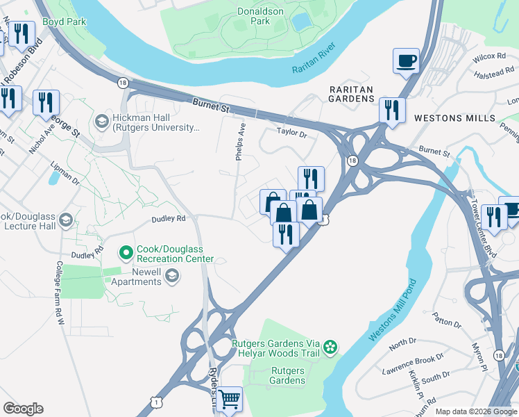 map of restaurants, bars, coffee shops, grocery stores, and more near 57 U.S. 1 in New Brunswick