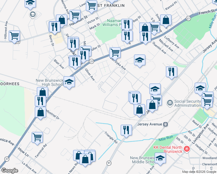 map of restaurants, bars, coffee shops, grocery stores, and more near 1216 Edpas Road in New Brunswick