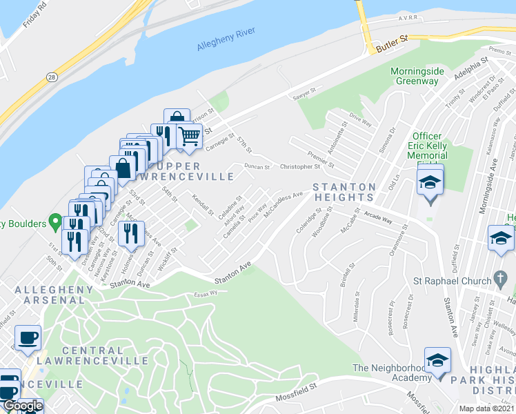 map of restaurants, bars, coffee shops, grocery stores, and more near 5548 Camelia Street in Pittsburgh