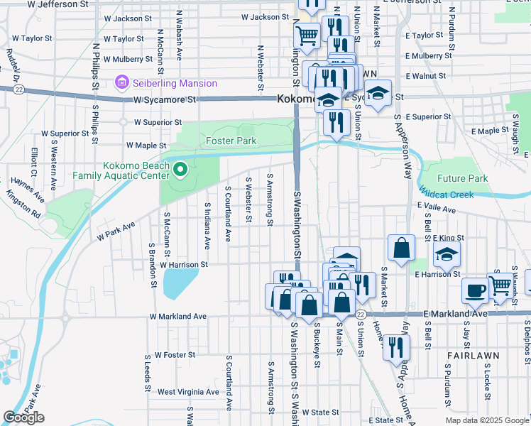 map of restaurants, bars, coffee shops, grocery stores, and more near 414 West King Street in Kokomo