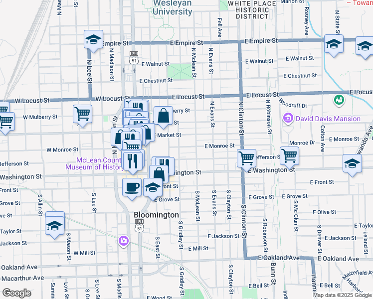 map of restaurants, bars, coffee shops, grocery stores, and more near 405 East Monroe Street in Bloomington