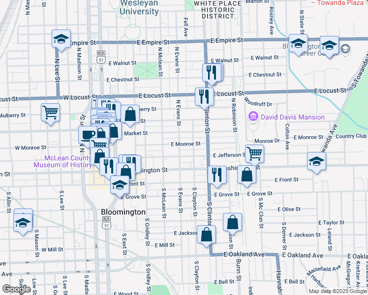 map of restaurants, bars, coffee shops, grocery stores, and more near 613 East Jefferson Street in Bloomington