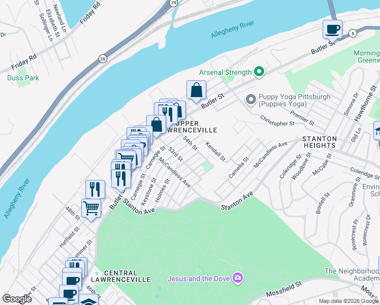 map of restaurants, bars, coffee shops, grocery stores, and more near in Pittsburgh