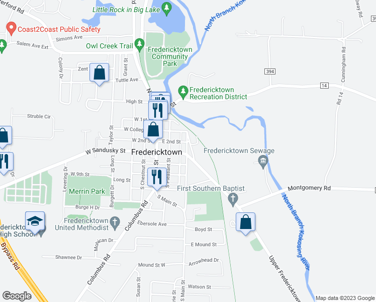 map of restaurants, bars, coffee shops, grocery stores, and more near 28 North Edgehill Drive in Fredericktown