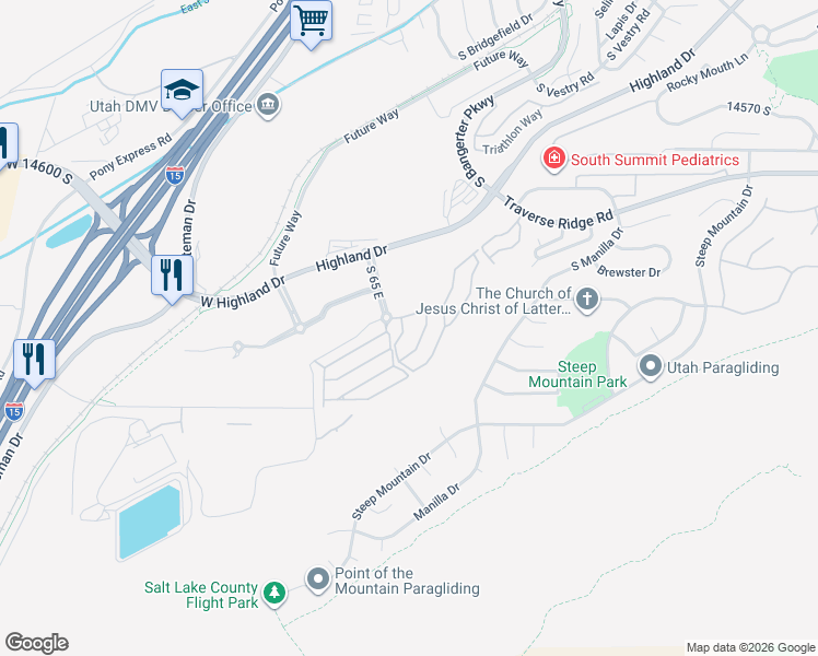 map of restaurants, bars, coffee shops, grocery stores, and more near 14910 Treseder Street in Draper