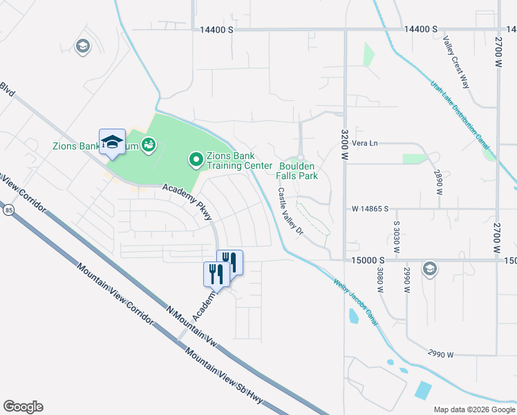 map of restaurants, bars, coffee shops, grocery stores, and more near 14906 Beckham Drive in Bluffdale