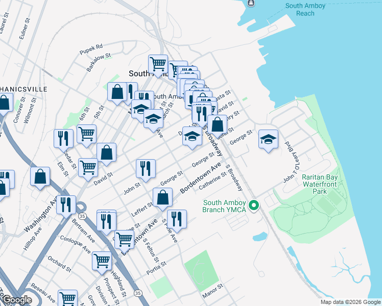map of restaurants, bars, coffee shops, grocery stores, and more near 249 John Street in South Amboy