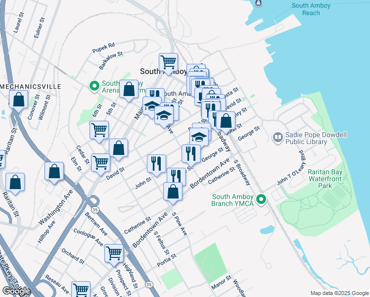 map of restaurants, bars, coffee shops, grocery stores, and more near 249 John Street in South Amboy