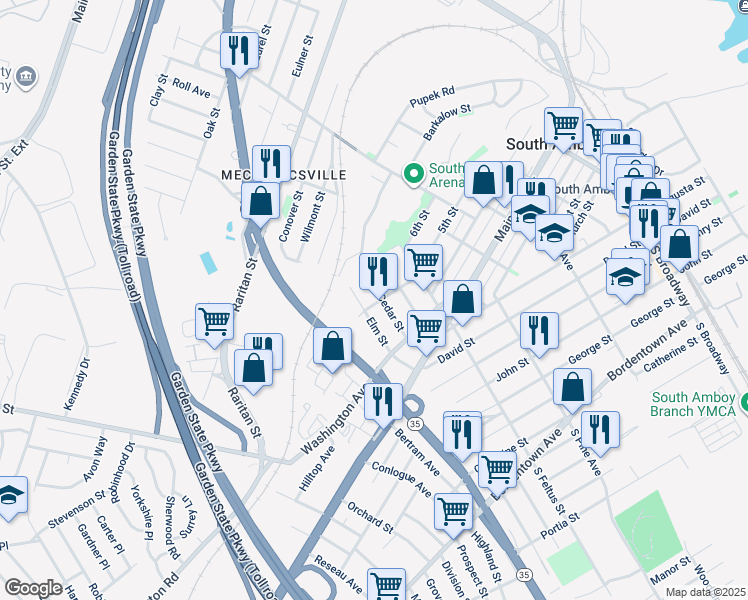 map of restaurants, bars, coffee shops, grocery stores, and more near 232 Elm Street in South Amboy