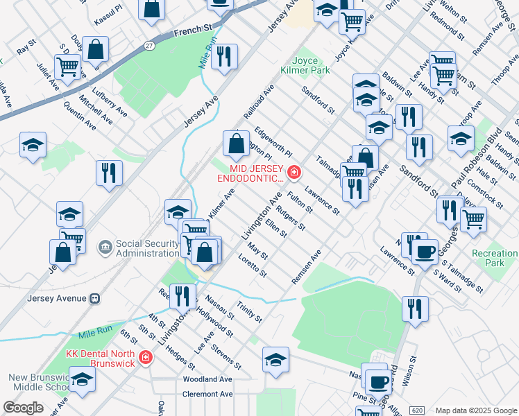 map of restaurants, bars, coffee shops, grocery stores, and more near 48 Ellen Street in New Brunswick
