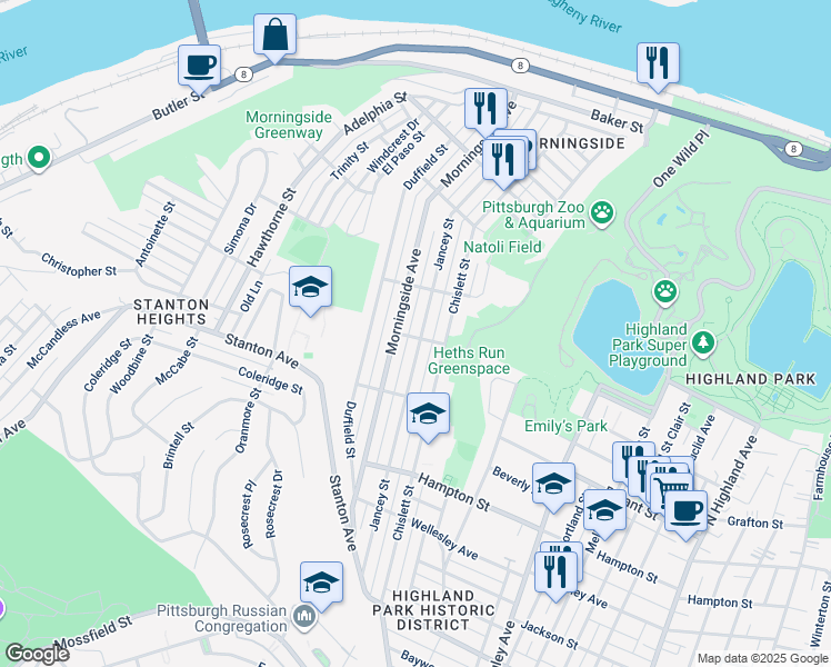 map of restaurants, bars, coffee shops, grocery stores, and more near 1244 Jancey Street in Pittsburgh