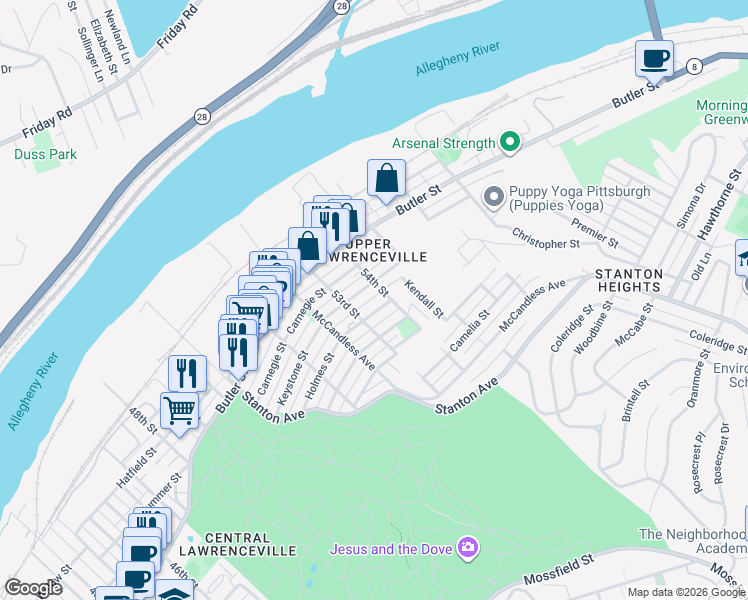 map of restaurants, bars, coffee shops, grocery stores, and more near in Pittsburgh