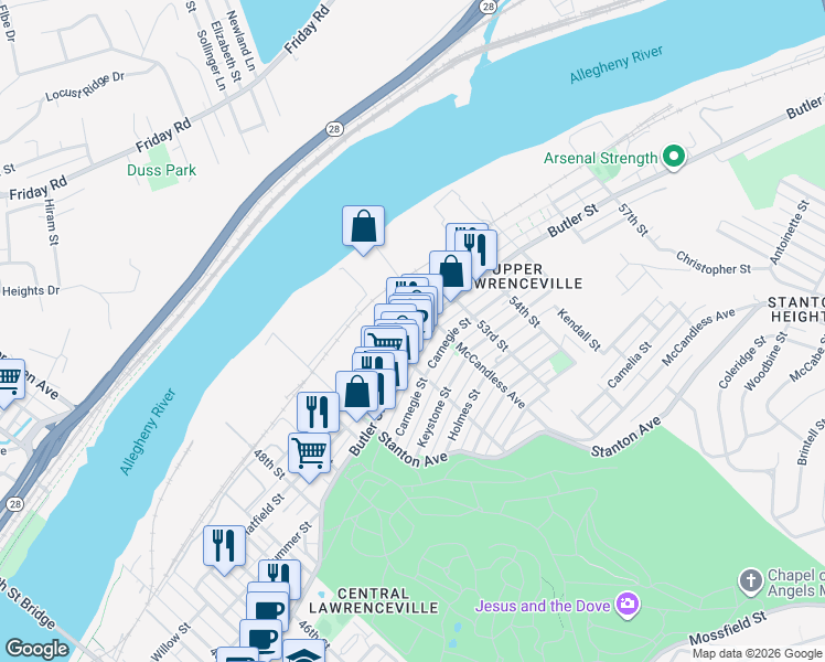 map of restaurants, bars, coffee shops, grocery stores, and more near in Pittsburgh