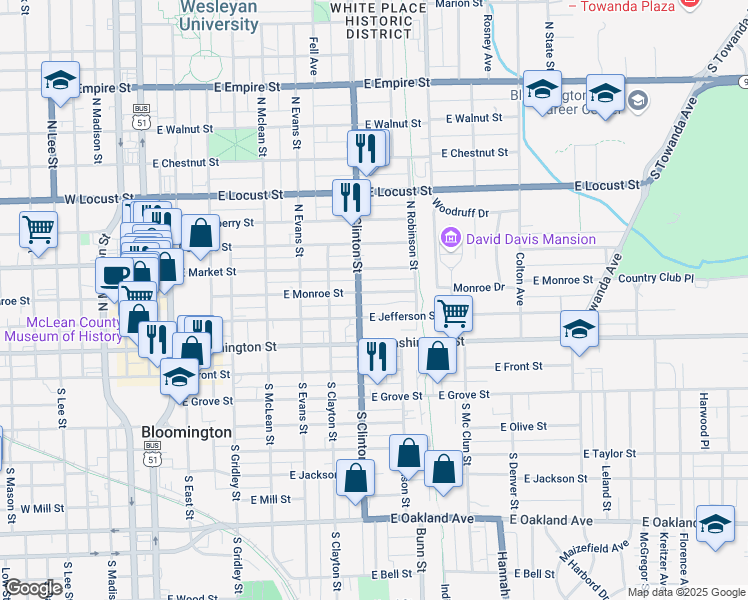 map of restaurants, bars, coffee shops, grocery stores, and more near in Bloomington