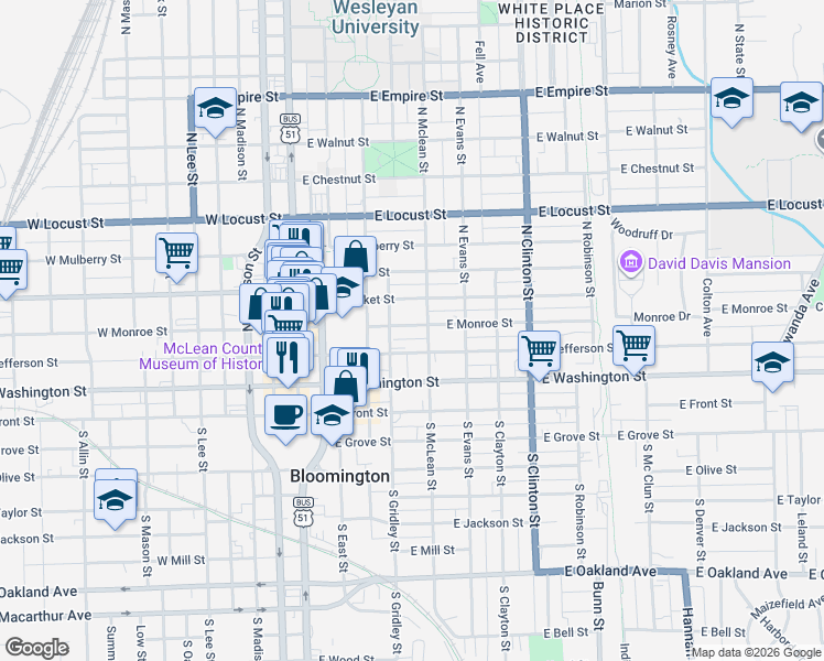 map of restaurants, bars, coffee shops, grocery stores, and more near 408 East Washington Street in Bloomington