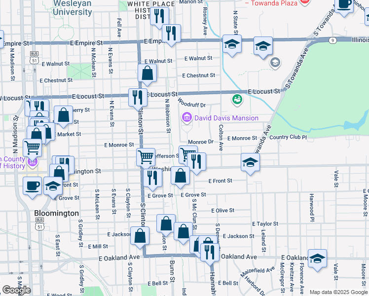 map of restaurants, bars, coffee shops, grocery stores, and more near 308 Davis Avenue in Bloomington