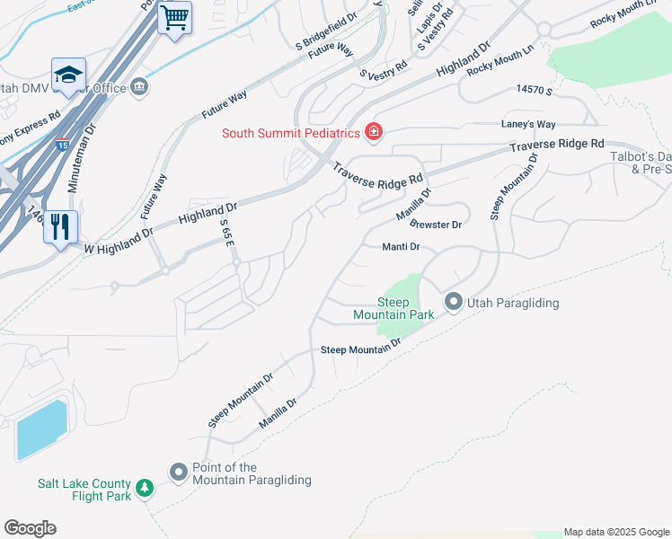 map of restaurants, bars, coffee shops, grocery stores, and more near 14874 Manilla Drive in Draper