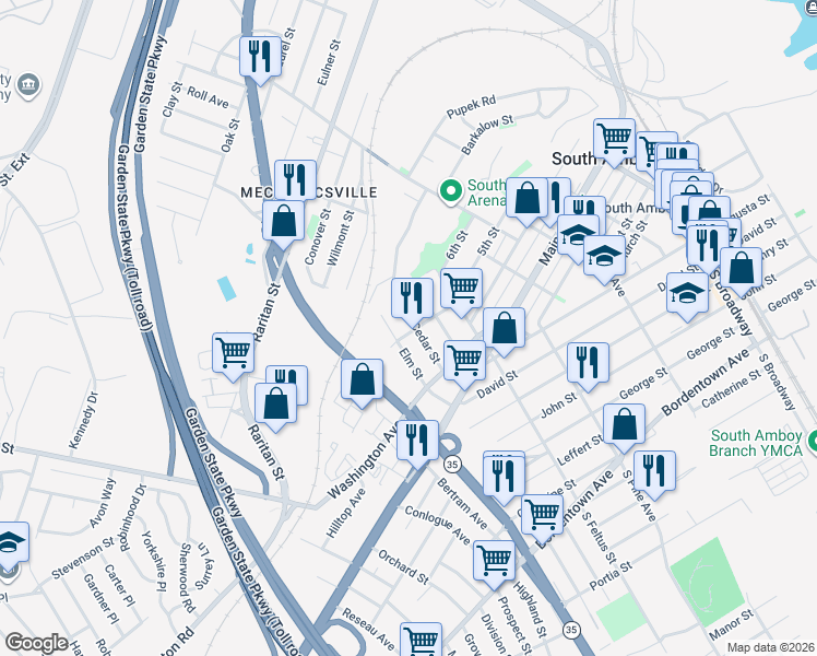 map of restaurants, bars, coffee shops, grocery stores, and more near 232 Elm Street in South Amboy