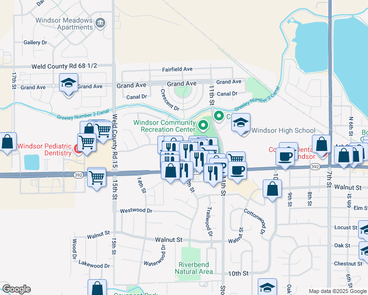 map of restaurants, bars, coffee shops, grocery stores, and more near 100 12th Street in Windsor