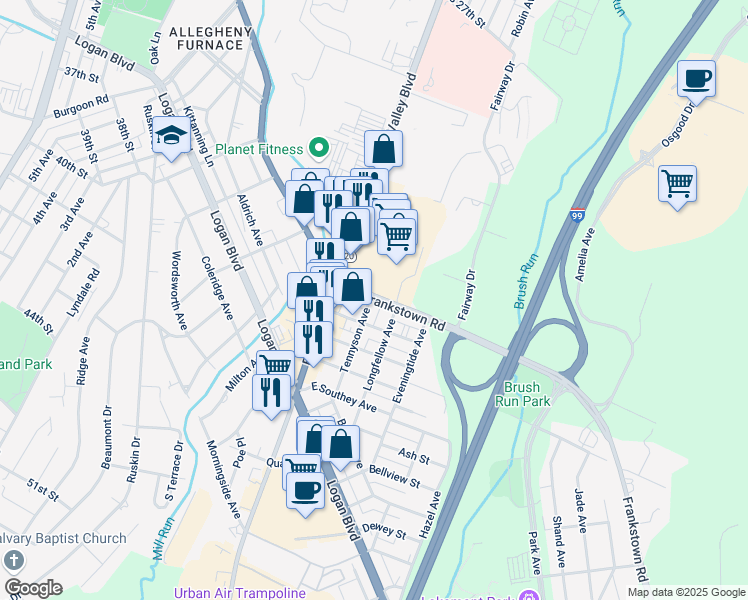 map of restaurants, bars, coffee shops, grocery stores, and more near 209-17 Byron Avenue in Altoona