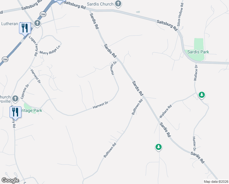 map of restaurants, bars, coffee shops, grocery stores, and more near 5061 Sardis Road in Murrysville