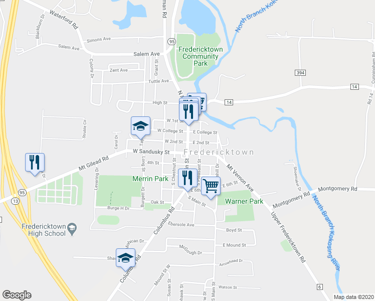 map of restaurants, bars, coffee shops, grocery stores, and more near Ohio 95 in Fredericktown