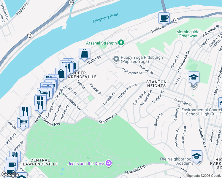 map of restaurants, bars, coffee shops, grocery stores, and more near 5530 Celadine Street in Pittsburgh