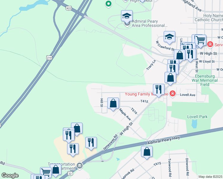 map of restaurants, bars, coffee shops, grocery stores, and more near Ghost Town Trail in Ebensburg