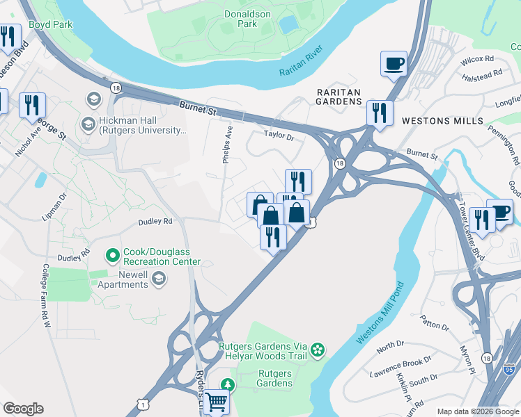 map of restaurants, bars, coffee shops, grocery stores, and more near 311 Sadie Circle in New Brunswick