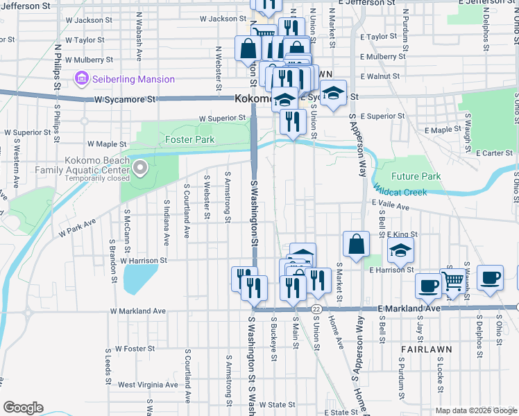 map of restaurants, bars, coffee shops, grocery stores, and more near 602 South Washington Street in Kokomo