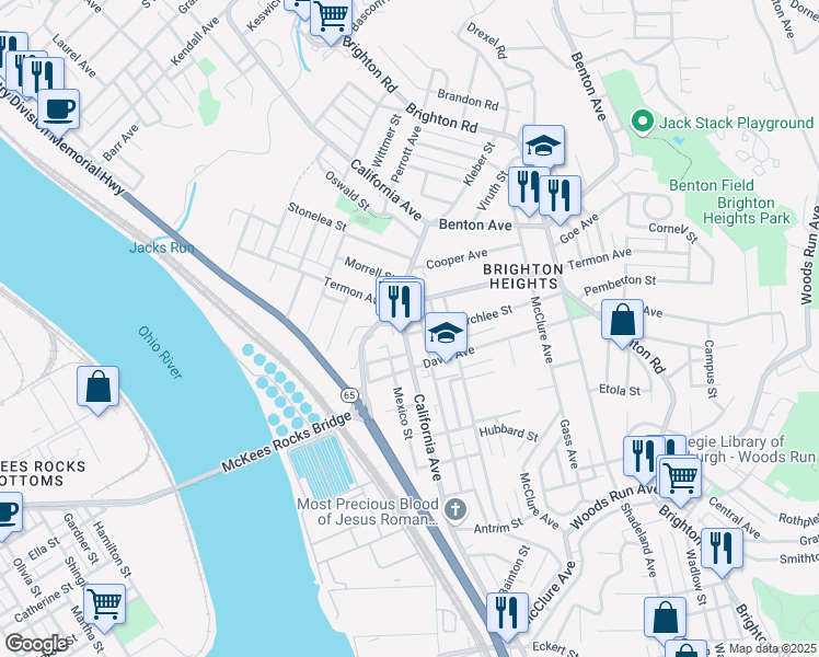 map of restaurants, bars, coffee shops, grocery stores, and more near 3632 California Avenue in Pittsburgh