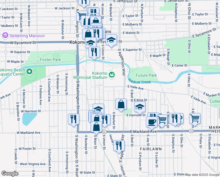 map of restaurants, bars, coffee shops, grocery stores, and more near 221 East Vaile Avenue in Kokomo