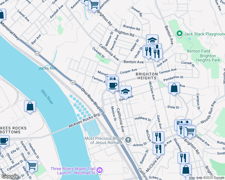 map of restaurants, bars, coffee shops, grocery stores, and more near 3639 California Avenue in Pittsburgh