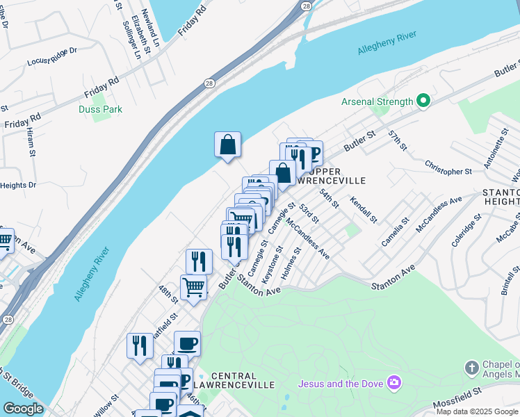 map of restaurants, bars, coffee shops, grocery stores, and more near 35 McCandless Avenue in Pittsburgh