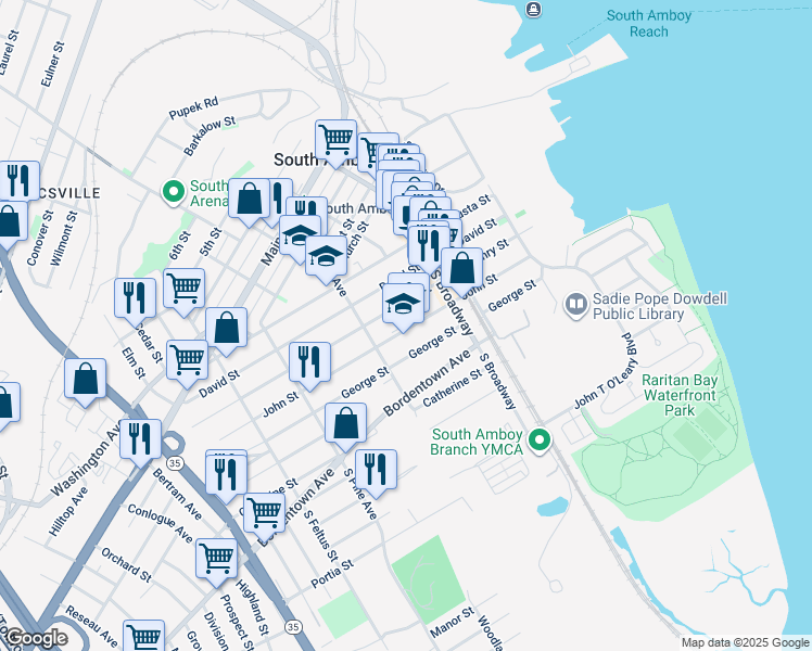 map of restaurants, bars, coffee shops, grocery stores, and more near 244 Henry Street in South Amboy