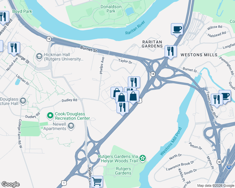 map of restaurants, bars, coffee shops, grocery stores, and more near 88 Phelps Avenue in New Brunswick