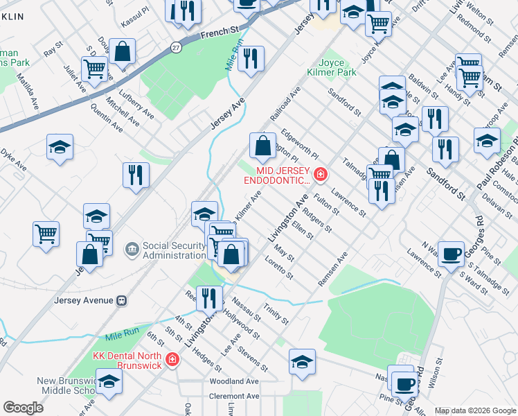 map of restaurants, bars, coffee shops, grocery stores, and more near 22 Rutgers Street in New Brunswick