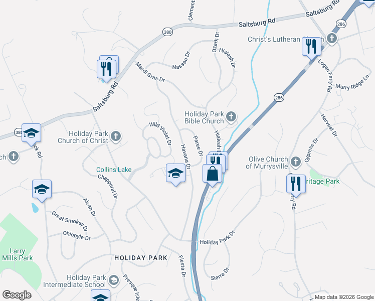 map of restaurants, bars, coffee shops, grocery stores, and more near 4845 Havana Drive in Pittsburgh
