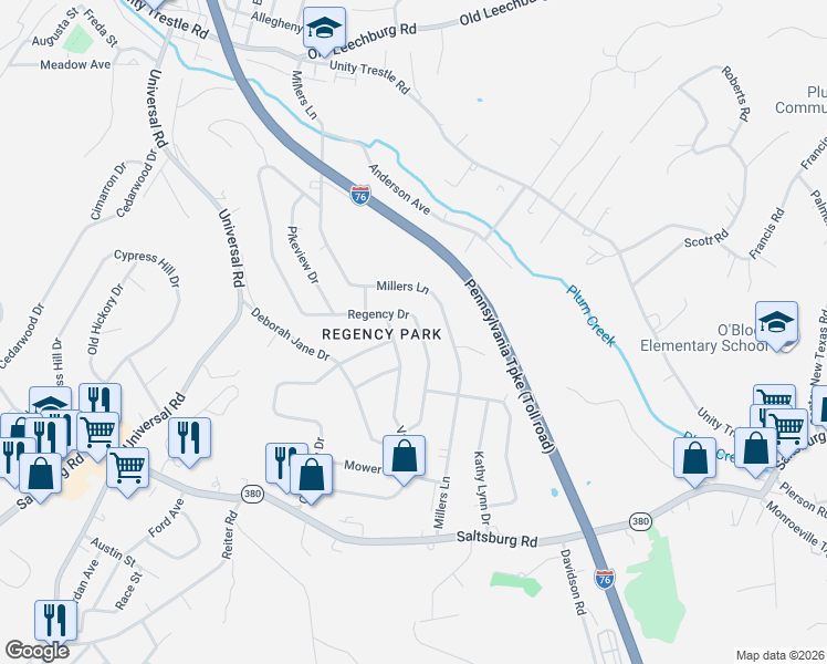 map of restaurants, bars, coffee shops, grocery stores, and more near 542 Regency Drive in Pittsburgh