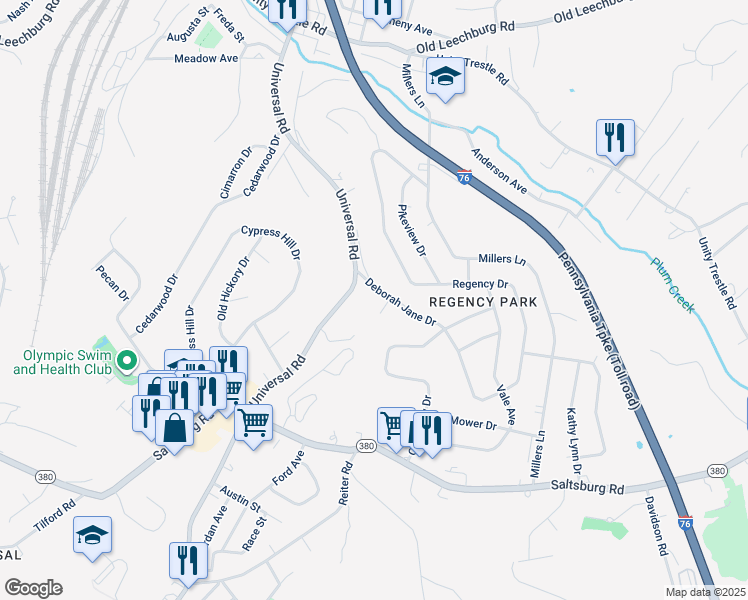 map of restaurants, bars, coffee shops, grocery stores, and more near 639 Regency Drive in Pittsburgh