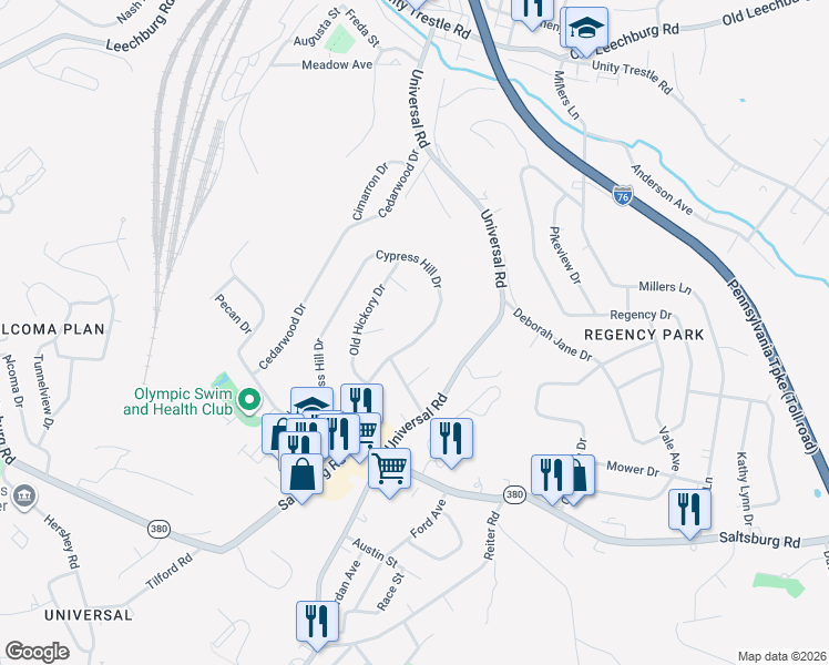 map of restaurants, bars, coffee shops, grocery stores, and more near 245 Cypress Hill Drive in Pittsburgh