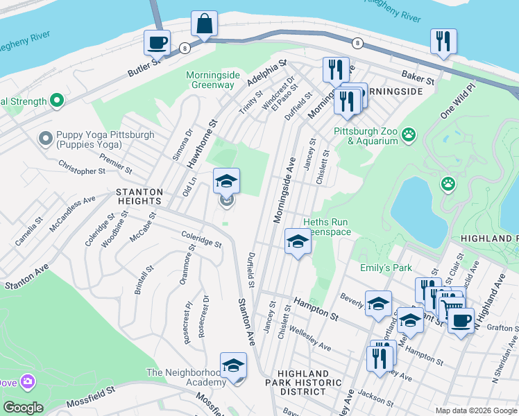 map of restaurants, bars, coffee shops, grocery stores, and more near 1271 Duffield Street in Pittsburgh