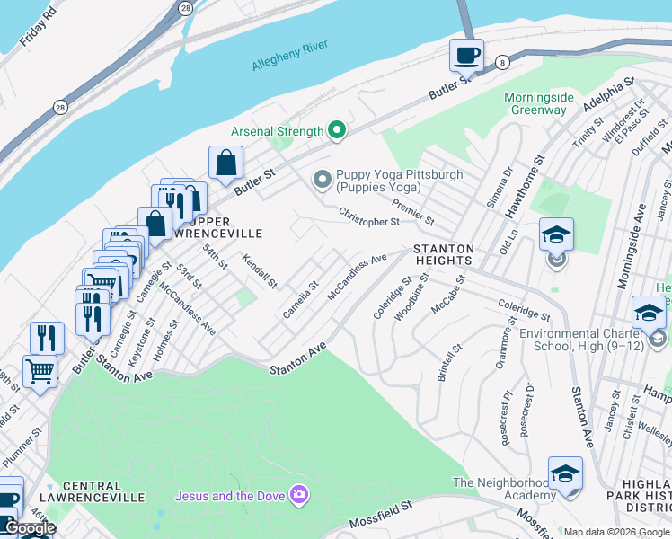 map of restaurants, bars, coffee shops, grocery stores, and more near 5571 Camelia Street in Pittsburgh
