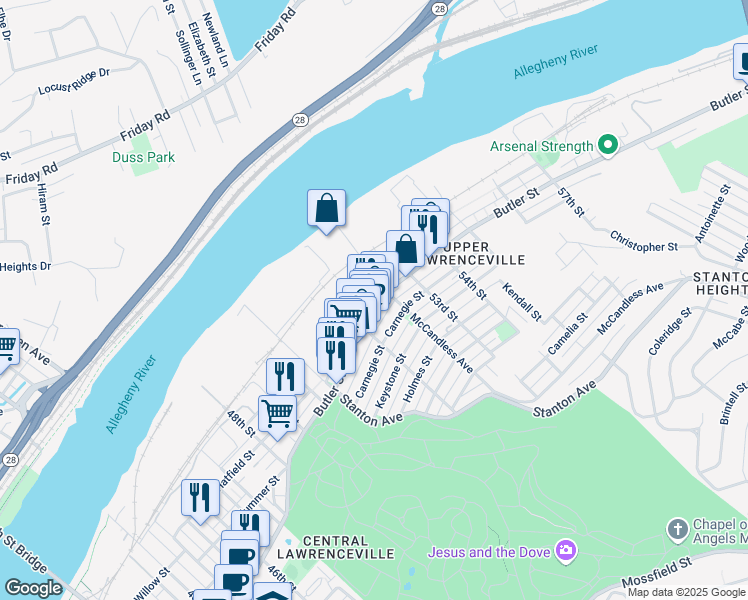 map of restaurants, bars, coffee shops, grocery stores, and more near 35 McCandless Avenue in Pittsburgh