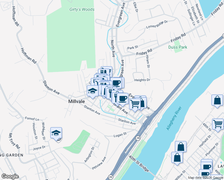 map of restaurants, bars, coffee shops, grocery stores, and more near 316 North Avenue in Pittsburgh