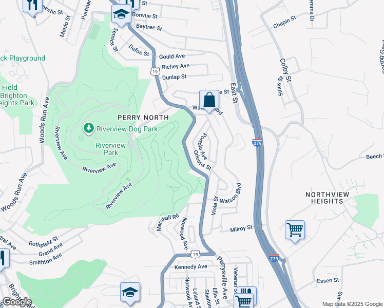 map of restaurants, bars, coffee shops, grocery stores, and more near 3401 Portola Street in Pittsburgh