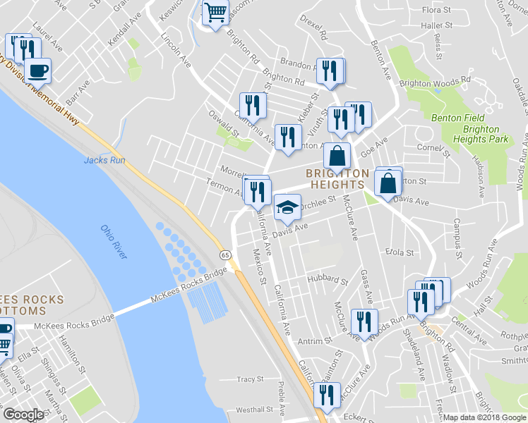 map of restaurants, bars, coffee shops, grocery stores, and more near 3639 California Avenue in Pittsburgh