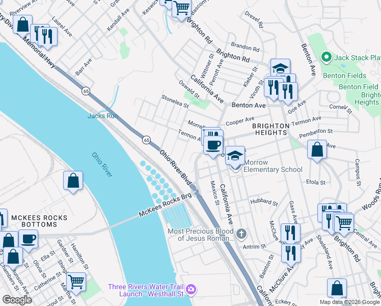 map of restaurants, bars, coffee shops, grocery stores, and more near 1805 Termon Avenue in Pittsburgh